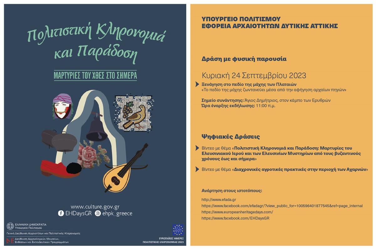 Ευρωπαϊκές Ημέρες Πολιτιστικής Κληρονομιάς (ΕΗΠΚ) 2023 – «Πολιτιστική Κληρονομιά και Παράδοση: Μαρτυρίες του χθες στο σήμερα»